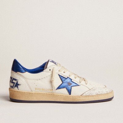 Golden Goose Men's Ball Star In White Nappa With Blue Star And Heel Tab