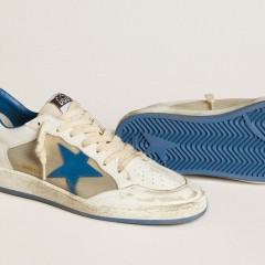 Golden Goose Men's Ball Star LAB In White Leather With Light Blue Leather Star And White Heel Tab