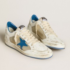 Golden Goose Men's Ball Star LAB In White Leather With Light Blue Leather Star And White Heel Tab