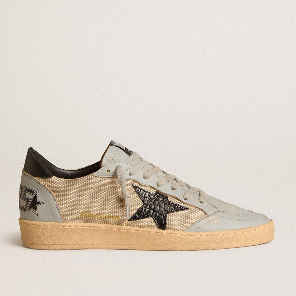 Golden Goose Men's Ball Star LTD In Beige Mesh With Croc-print Leather Star And Nappa Inserts