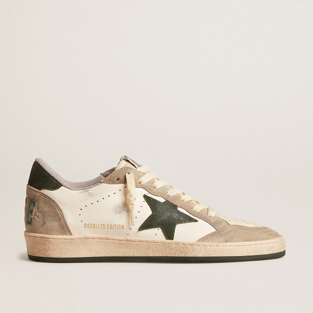 Golden Goose Men's Ball Star LTD In Nappa With Green Star And Dove-gray Suede Inserts