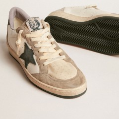 Golden Goose Men's Ball Star LTD In Nappa With Green Star And Dove-gray Suede Inserts