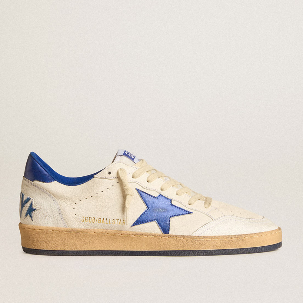 Golden Goose Men's Ball Star Wishes In White Nappa Leather With A Bright Blue Star And Heel Tab