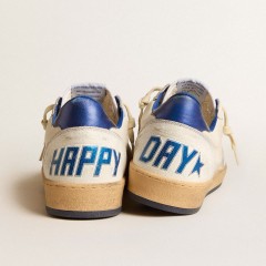 Golden Goose Men's Ball Star Wishes In White Nappa Leather With A Bright Blue Star And Heel Tab