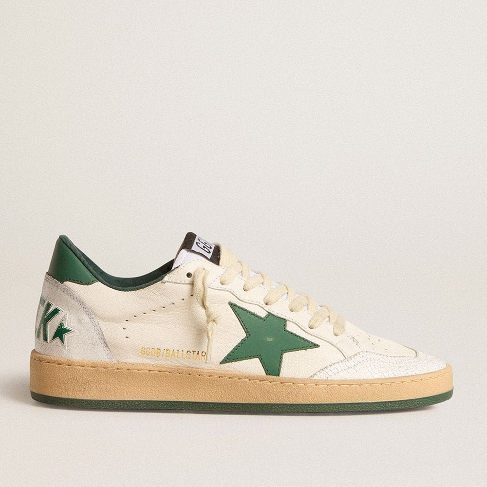 Golden Goose Men's Ball Star Wishes In White Nappa Leather With Green Leather Star And Heel Tab