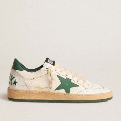 Golden Goose Men's Ball Star Wishes In White Nappa Leather With Green Leather Star And Heel Tab