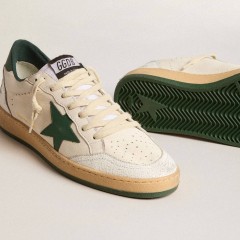 Golden Goose Men's Ball Star Wishes In White Nappa Leather With Green Leather Star And Heel Tab