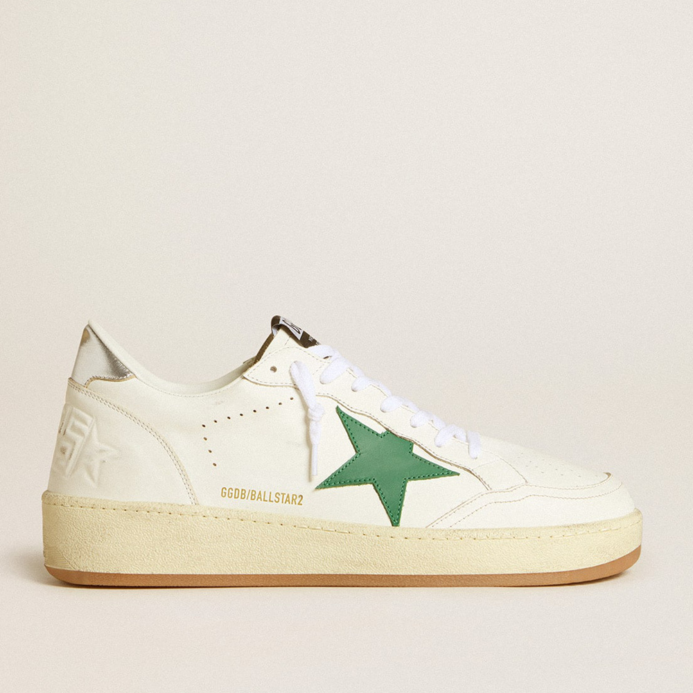 Golden Goose Men's Ball Star With Green Leather Star And Metallic Leather Heel Tab