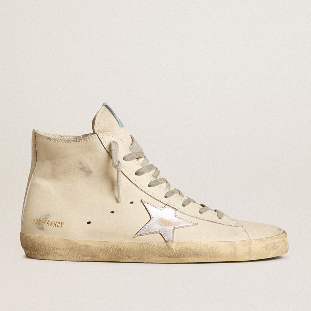 Golden Goose Men's Francy Penstar In White Leather With Silver Metallic Leather Star