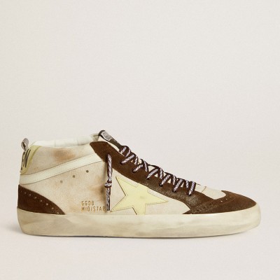 Golden Goose Men's Mid Star In Beige Glitter With Yellow Suede Star And Cotton Flash