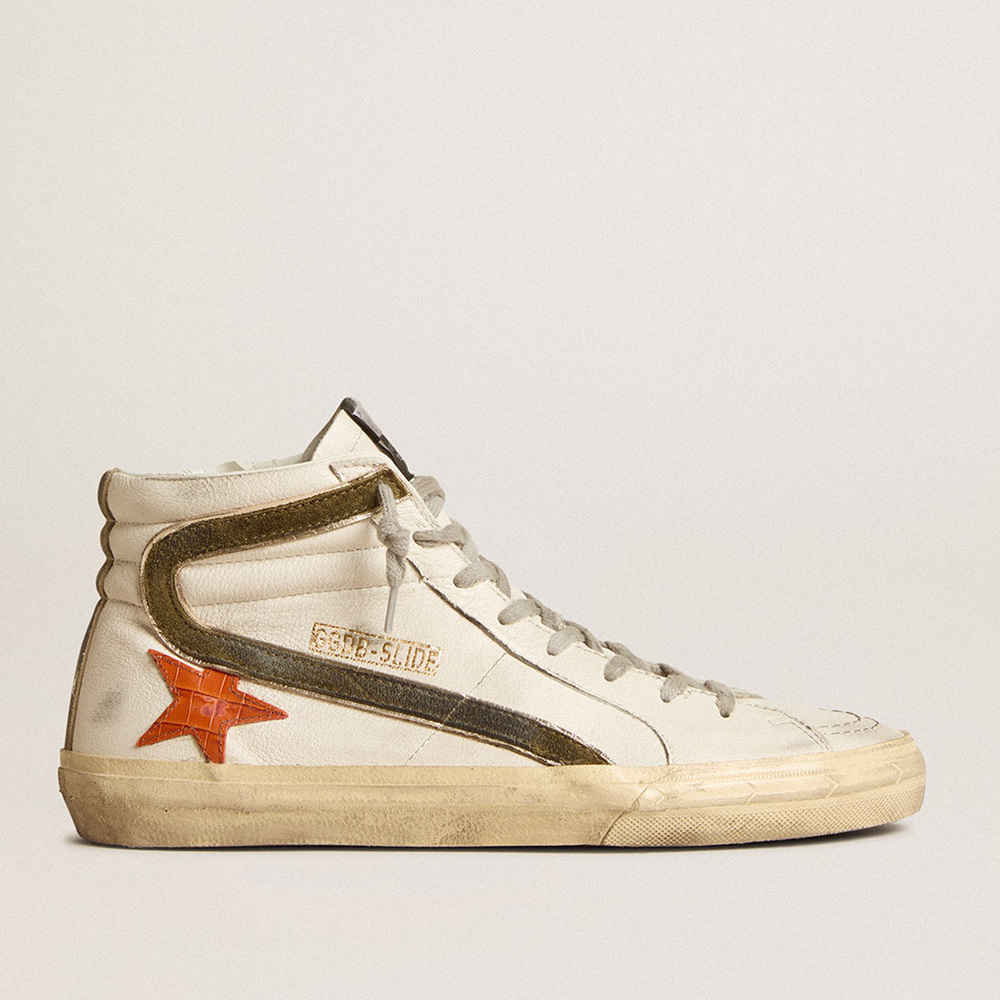 Golden Goose Men's Nappa Leather Slide With Orange Croc-print Star And Green Suede Flash