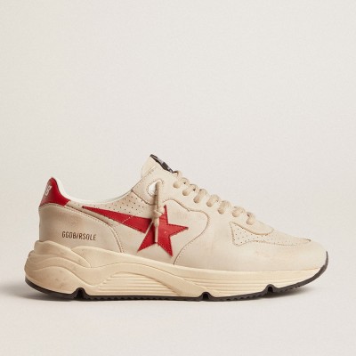 Golden Goose Men's Running Sole In Gray Nappa Leather With Red Nappa Leather Star And Heel Tab