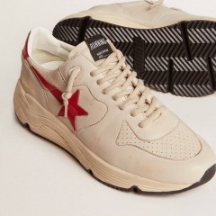 Golden Goose Men's Running Sole In Gray Nappa Leather With Red Nappa Leather Star And Heel Tab