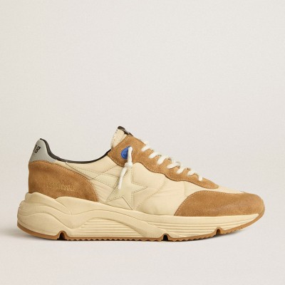 Golden Goose Men's Running Sole In Ivory Nylon And Tobacco Suede