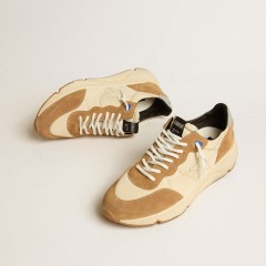 Golden Goose Men's Running Sole In Ivory Nylon And Tobacco Suede