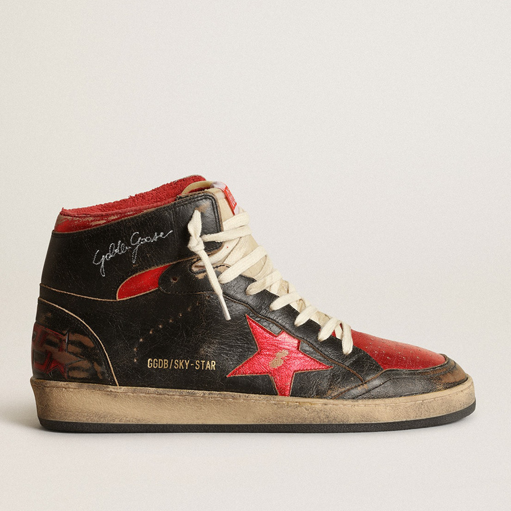 Golden Goose Men's Sky-Star In Glossy Black Leather With Red Star