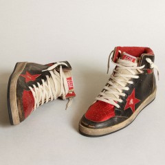 Golden Goose Men's Sky-Star In Glossy Black Leather With Red Star