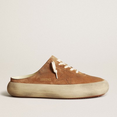 Golden Goose Men's Space-Star Sabots In Tobacco Suede With Perforated Star