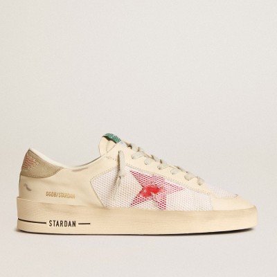 Golden Goose Men's Stardan In White Leather And Mesh With Red Star And Sand-colored Heel Tab