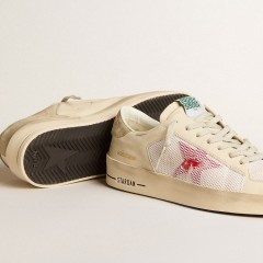 Golden Goose Men's Stardan In White Leather And Mesh With Red Star And Sand-colored Heel Tab