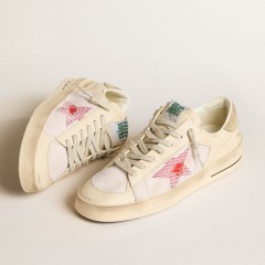 Golden Goose Men's Stardan In White Leather And Mesh With Red Star And Sand-colored Heel Tab