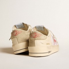 Golden Goose Men's Stardan In White Leather And Mesh With Red Star And Sand-colored Heel Tab