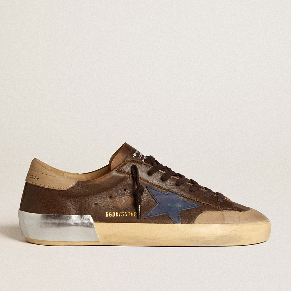 Golden Goose Men's Super-Star In Leather With Blue Leather Star And Beige Nubuck Heel Tab