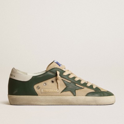 Golden Goose Men's Super-Star LTD In Cream Mesh And Green Nappa With Nappa Star