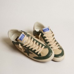 Golden Goose Men's Super-Star LTD In Cream Mesh And Green Nappa With Nappa Star