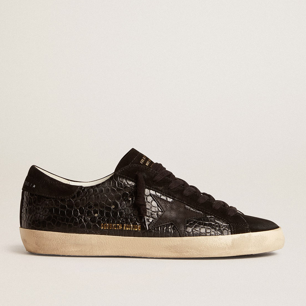 Golden Goose Men's Super-Star LTD In Crocodile-print Leather With Black Suede Inserts