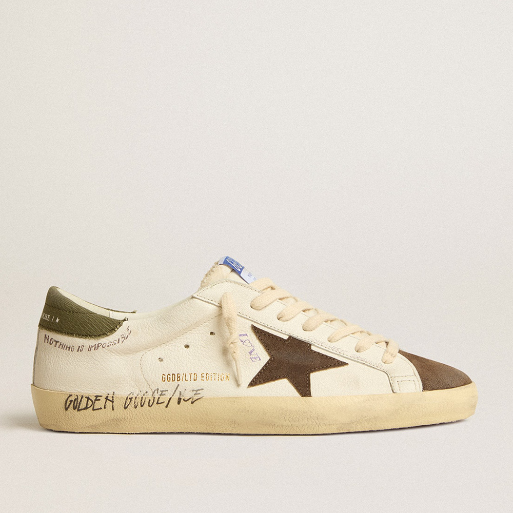 Golden Goose Men's Super-Star LTD In Nappa With Brown Suede Star And Green Heel Tab