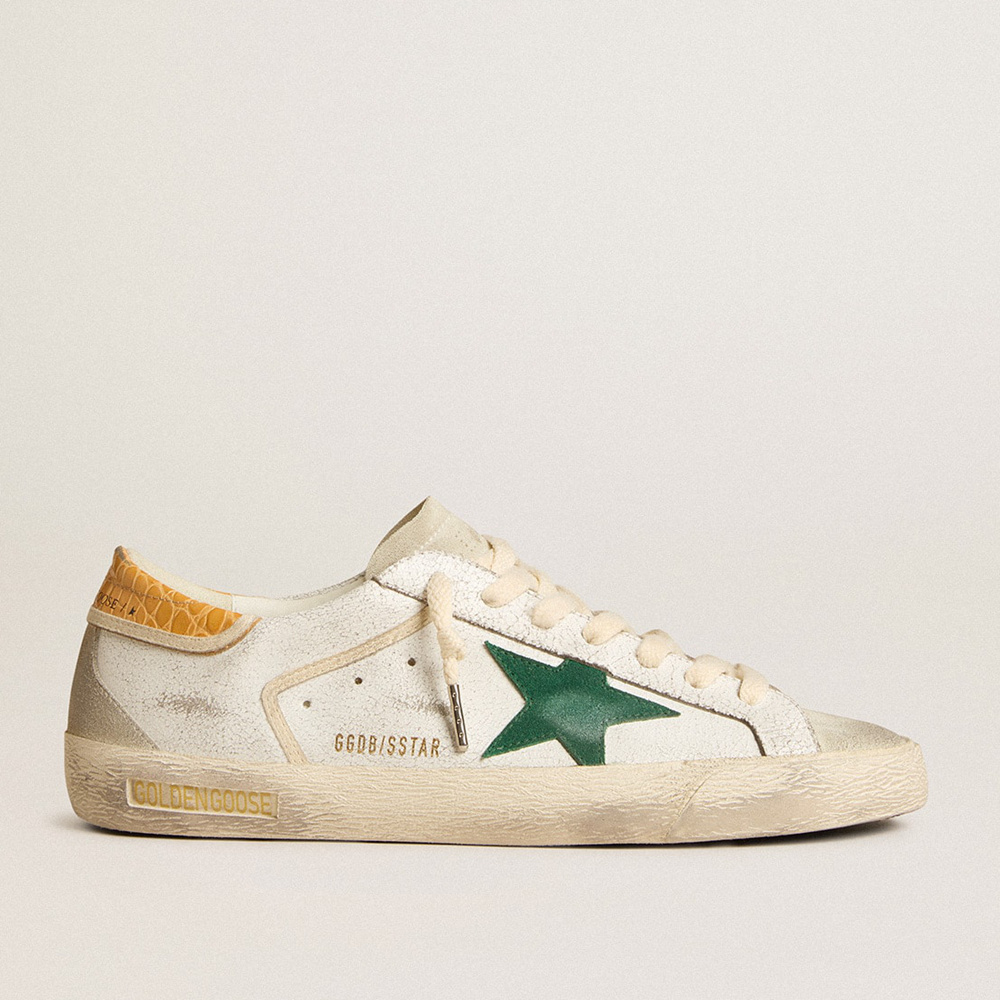 Golden Goose Men's Super-Star With Green Suede Star And Yellow Croc-print Leather Heel Tab