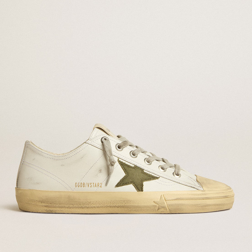 Golden Goose Men's V-Star In White Leather With Green Canvas Star