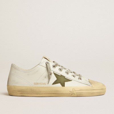 Golden Goose Men's V-Star In White Leather With Green Canvas Star