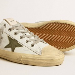 Golden Goose Men's V-Star In White Leather With Green Canvas Star