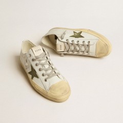 Golden Goose Men's V-Star In White Leather With Green Canvas Star