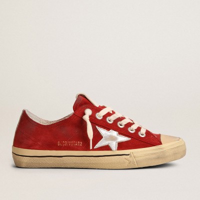 Golden Goose Men's V-Star LTD In Dark Red Suede With Silver Star And Heel Tab