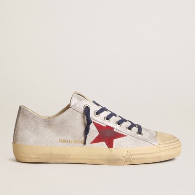 Golden Goose Men's V-Star LTD In Silver Metallic Suede With Red Suede Star