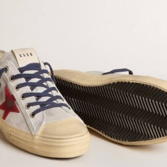 Golden Goose Men's V-Star LTD In Silver Metallic Suede With Red Suede Star