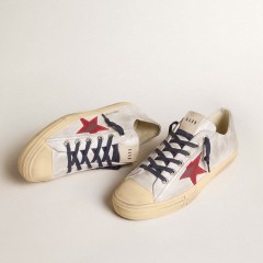 Golden Goose Men's V-Star LTD In Silver Metallic Suede With Red Suede Star