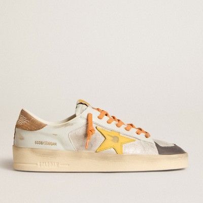 Golden Goose Men's White Stardan With Ocher Leather Star And Nubuck Inserts