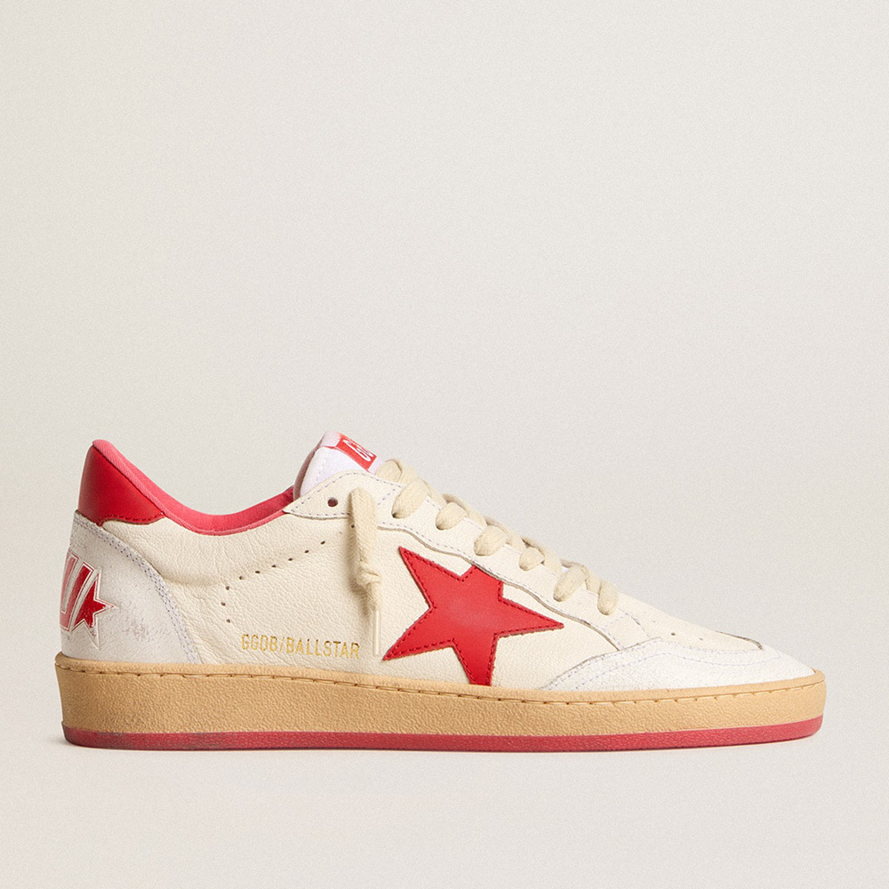 Golden Goose Men's Ball Star Wishes In White Leather With A Red Star And Heel Tab