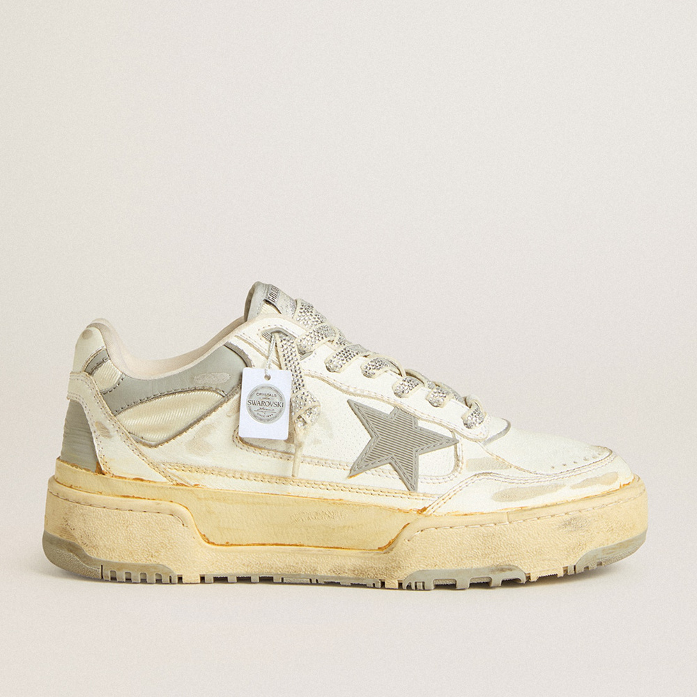 Golden Goose Men's Forty2 In White Leather With Laces With Swarovski Crystals And Gray Star