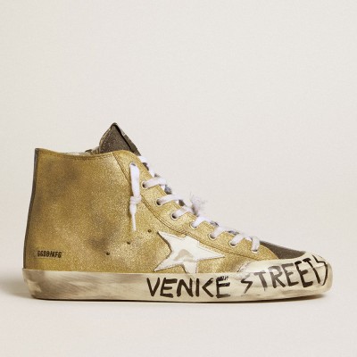 Golden Goose Men's Francy LAB In Golden Glitter With White Leather Star