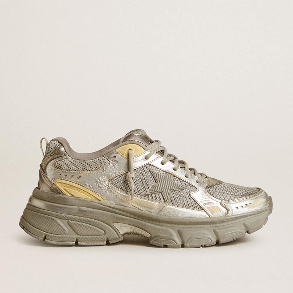 Golden Goose Men's Lightstar In Metallic Leather And Silver Mesh With Gray Star