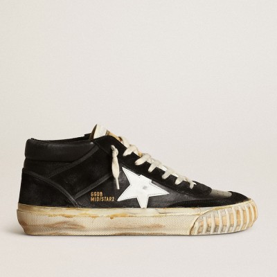 Golden Goose Men's Mid Star In Black Nappa And Suede With White Leather Star