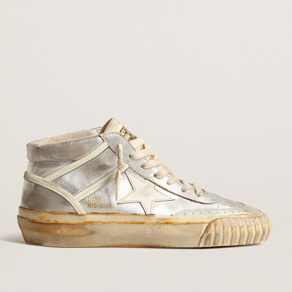 Golden Goose Men's Mid Star In Silver Metallic Leather With Ivory Star