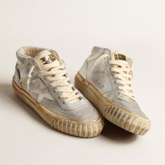 Golden Goose Men's Mid Star In Silver Metallic Leather With Ivory Star