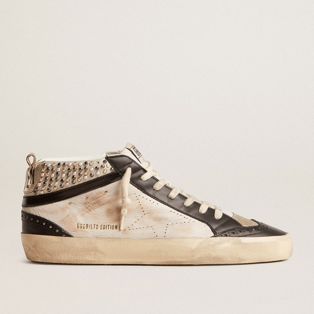 Golden Goose Men's Mid Star LTD In Black And White Leather With Pearls And Perforated Star