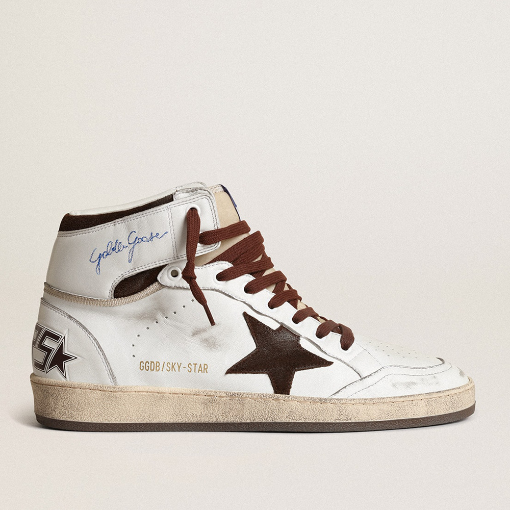 Golden Goose Men's Sky-Star In White Nappa Leather With A Chocolate Suede Star